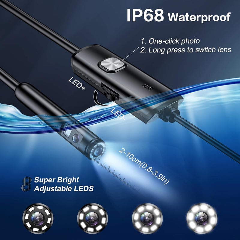 CARPDIM Dual Lens Endoscope Borescope Inspection Camera with 8 Adjustable LED Lights - 1980P Endoscope Camera with 16.5ft Semi Rigid Snake - IP68 Waterproof for iPhone, iPad, Android - Image 4